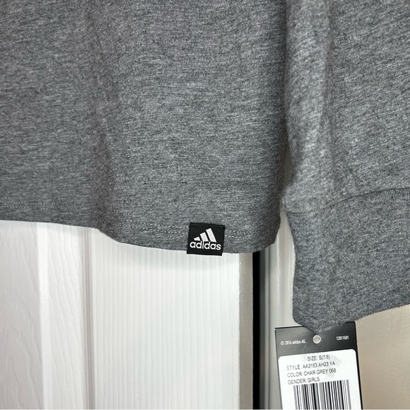 adidas Girl's Small 7/8 Heather Gray Long Sleeve Waist Crew Tee Big Kids NWT - Picture 5 of 12